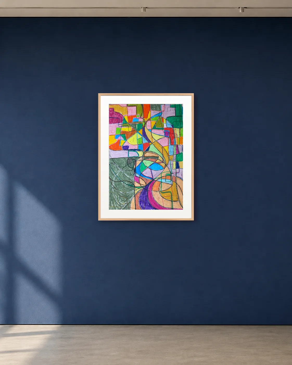 Fragmented Signal shown framed on a deep blue gallery wall