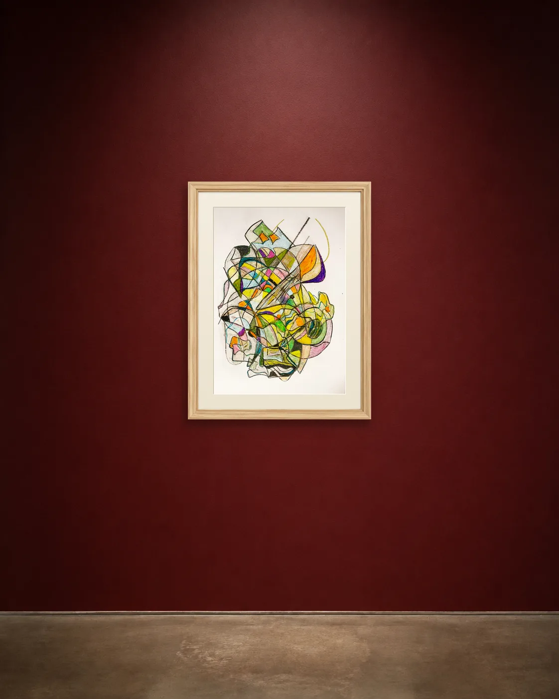 Small Broken Garden shown framed on a burgundy wall