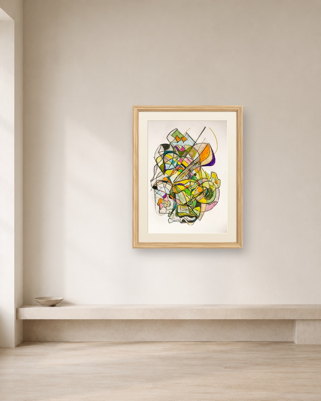 Small Broken Garden shown framed on a neutral collector wall