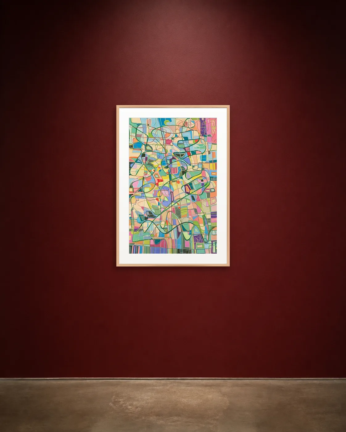 Soft City shown framed on a burgundy wall