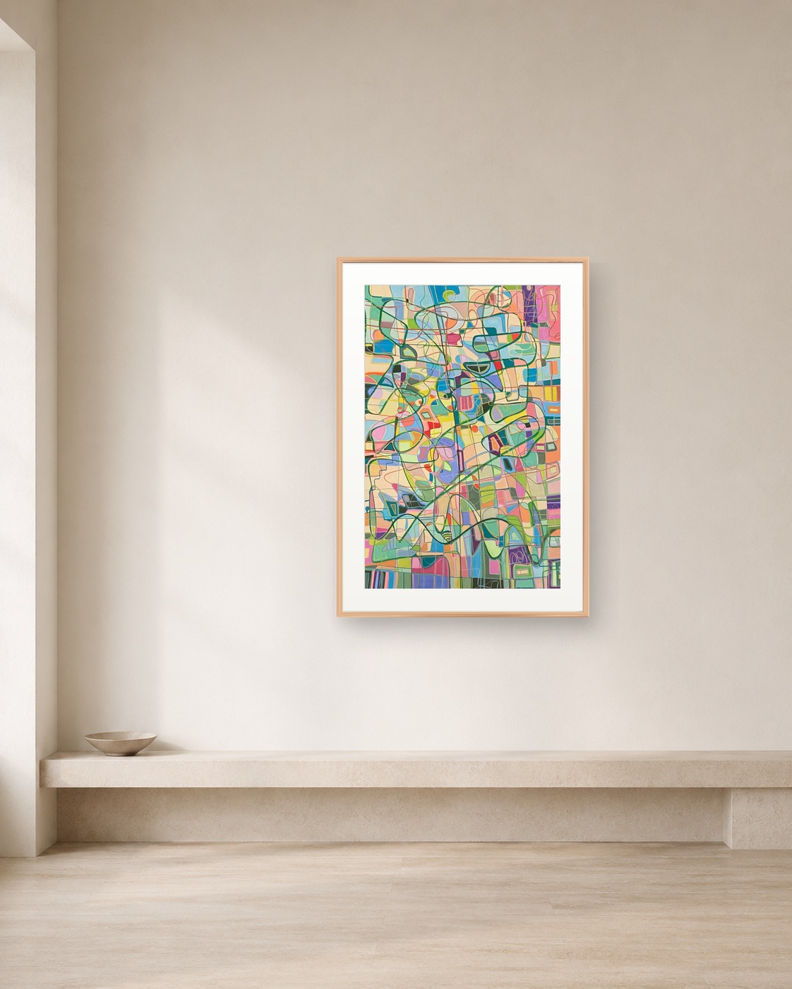 Soft City shown framed on a neutral collector wall
