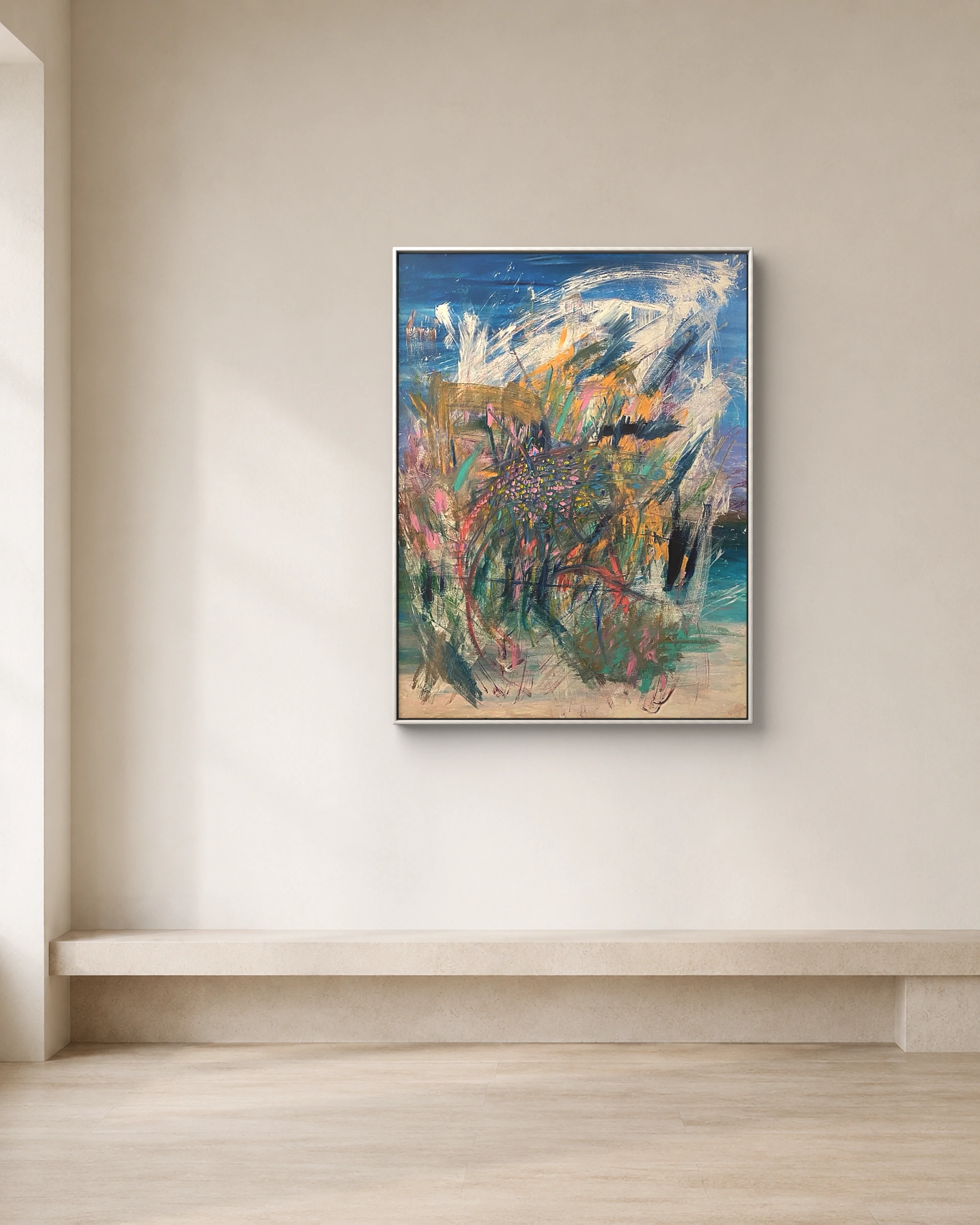 Blue Surge shown framed on a neutral collector wall