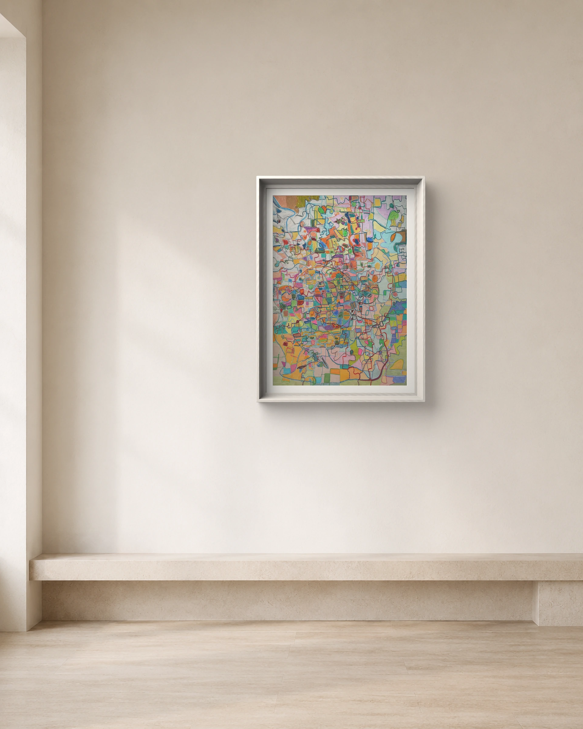 Cartographic Bloom shown framed on a neutral collector wall