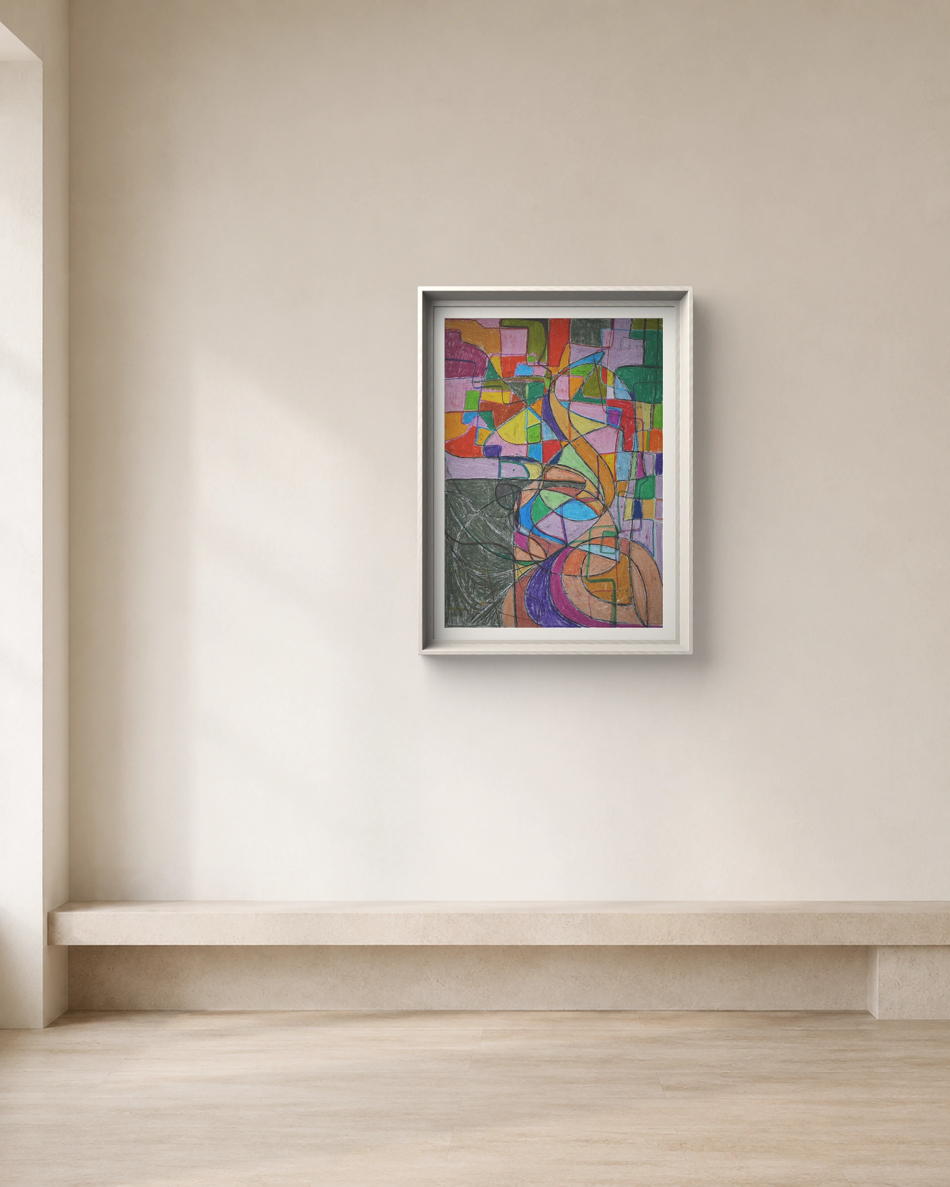 Fragmented Signal shown framed on a neutral collector wall