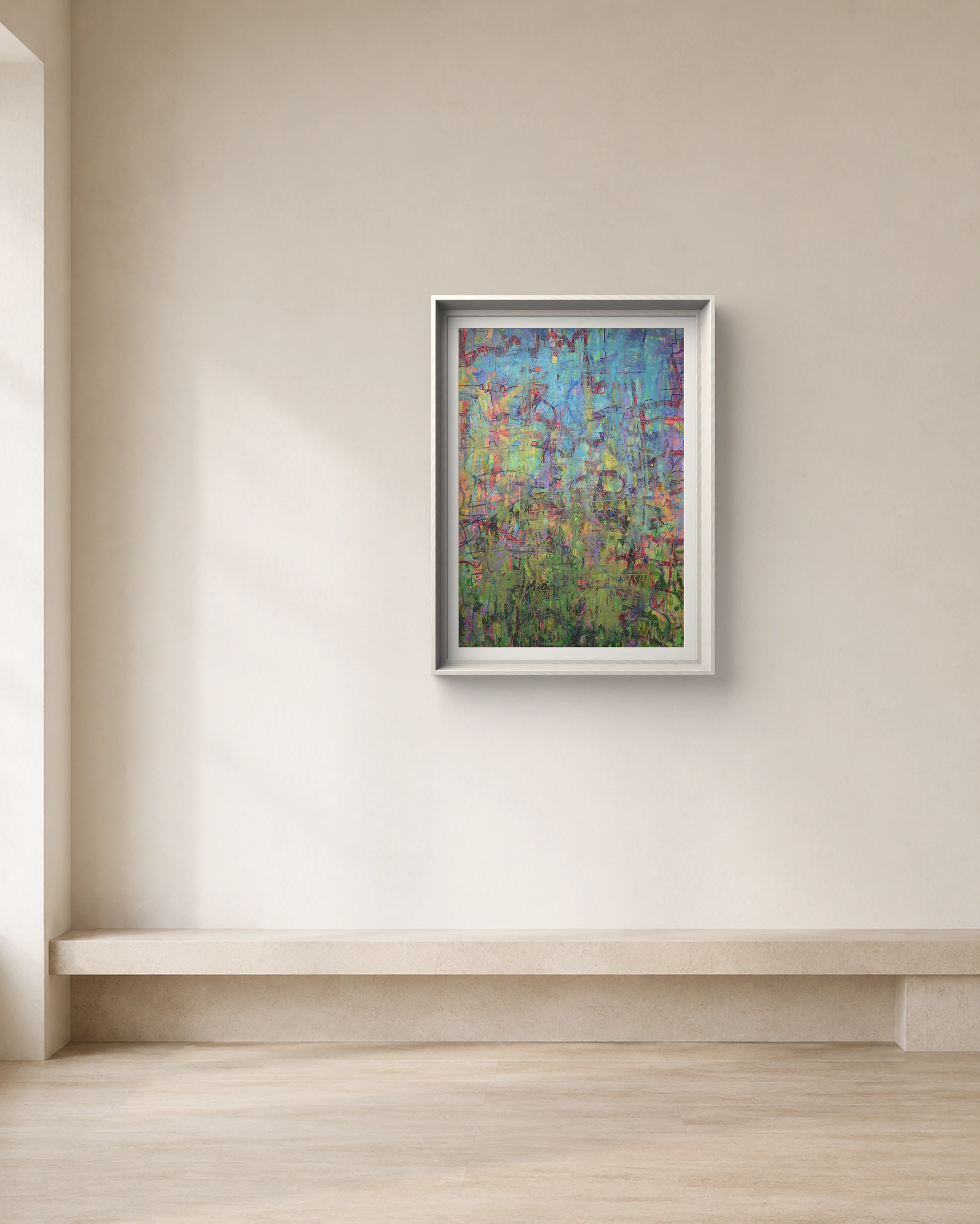 Iridescent Field shown framed on a neutral collector wall
