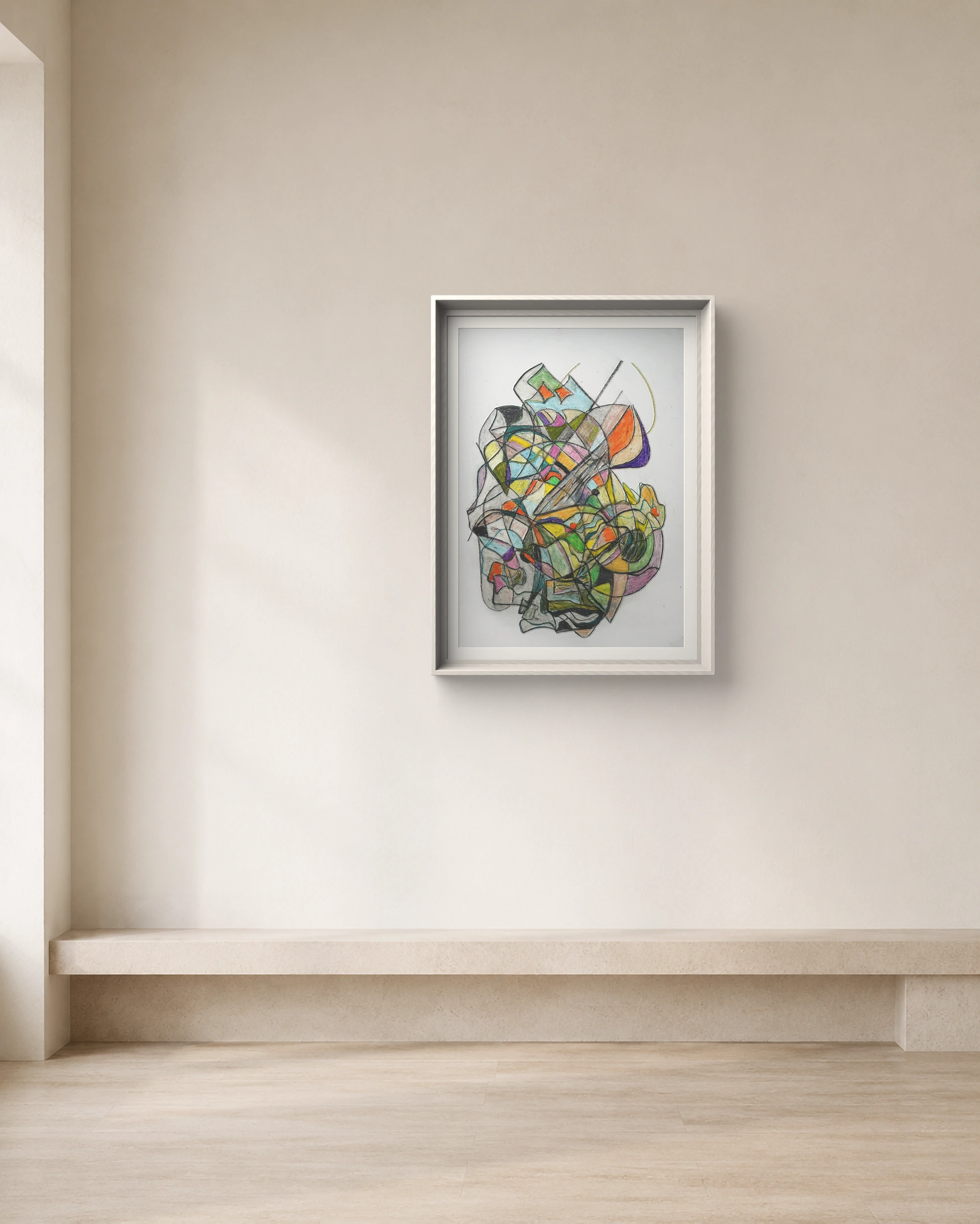 Small Broken Garden shown framed on a neutral collector wall
